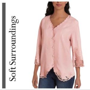 Petal Pink “Half Moon Bay” Lace Buttondown Top